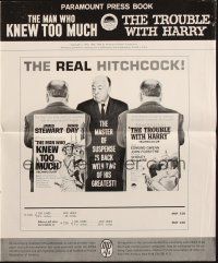 6p705 MAN WHO KNEW TOO MUCH/TROUBLE WITH HARRY pressbook '63 images of Alfred Hitchcock!