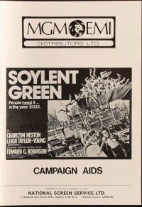 6p847 SOYLENT GREEN English pressbook '73 art of Charlton Heston escape riot control by John Solie!