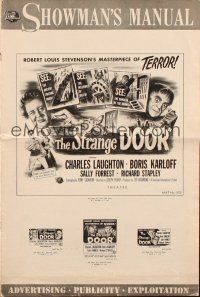6p856 STRANGE DOOR pressbook '51 cool art of chained Boris Karloff, Charles Laughton & Forrest!