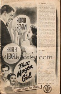 6p871 THAT HAGEN GIRL pressbook '47 Ronald Reagan, Shirley Temple was too innocent to understand!