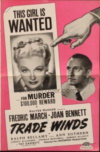 6p883 TRADE WINDS pressbook R48 Fredric March, sexy Joan Bennett is wanted for murder!