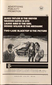 6p893 TWO-LANE BLACKTOP pressbook '71 James Taylor is the driver, Warren Oates is GTO, Laurie Bird