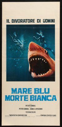 6r331 BLUE WATER, WHITE DEATH red style Italian locandina '72 c/u of shark with open mouth!