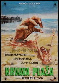 6r627 BLOOD BEACH Yugoslavian '80 artwork of huge hand & sexy girl in bikini sinking in quicksand!
