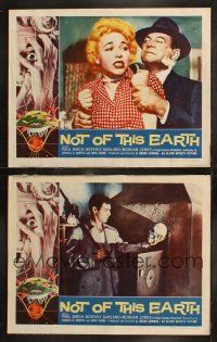 6s938 NOT OF THIS EARTH 2 LCs '57 Beverly Garland grabbed by alien Paul Birch, Haze with skull!