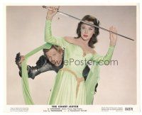6t220 COURT JESTER color 8x10 still '55 wacky Danny Kaye hides behind pretty Glynis Johns w/ sword!