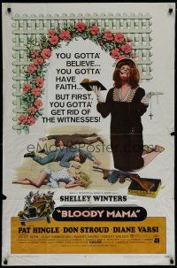 6w092 BLOODY MAMA 1sh '70 Roger Corman, AIP, crazy Shelley Winters w/Bible and tommy gun!