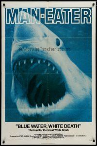 6w094 BLUE WATER, WHITE DEATH 1sh '71 cool super close image of great white shark with open mouth!