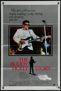 6w113 BUDDY HOLLY STORY 1sh '78 great image of Gary Busey performing on stage with guitar!