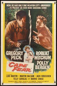 6w122 CAPE FEAR 1sh '62 Gregory Peck, Robert Mitchum, Polly Bergen, classic noir, Terror!
