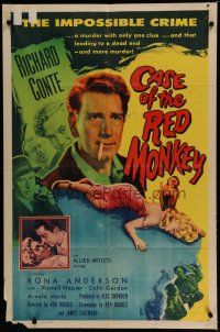 6w129 CASE OF THE RED MONKEY 1sh '55 Richard Conte solves impossible crime, sexy Rona Anderson!
