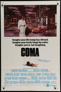 6w151 COMA 1sh '77 Genevieve Bujold finds room full of coma patients in special harnesses!