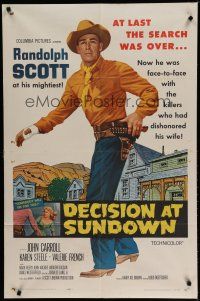 6w187 DECISION AT SUNDOWN 1sh '57 full-length Randolph Scott, directed by Budd Boetticher!