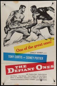 6w191 DEFIANT ONES 1sh '58 art of escaped cons Tony Curtis & Sidney Poitier chained together!