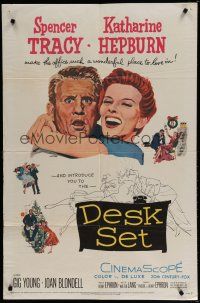 6w193 DESK SET 1sh '57 Spencer Tracy & Katharine Hepburn make the office a wonderful place!