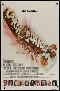 6w216 EARTHQUAKE 1sh '74 Charlton Heston, Ava Gardner, cool Joseph Smith disaster title art!