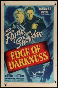 6w218 EDGE OF DARKNESS 1sh '42 great image of Errol Flynn & Ann Sheridan, both pointing guns!