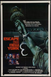 6w225 ESCAPE FROM NEW YORK advance 1sh '81 John Carpenter, art of handcuffed Lady Liberty by Watts!