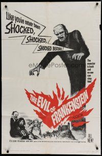 6w230 EVIL OF FRANKENSTEIN 1sh '64 Peter Cushing, Hammer, he's back and no one can stop him!