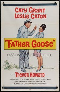 6w241 FATHER GOOSE 1sh '65 art of pretty Leslie Caron laughing at sea captain Cary Grant!