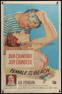 6w246 FEMALE ON THE BEACH 1sh '55 romantic close up art of Joan Crawford and Jeff Chandler!