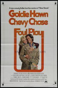 6w261 FOUL PLAY 1sh '78 wacky Lettick art of Goldie Hawn & Chevy Chase, screwball comedy!