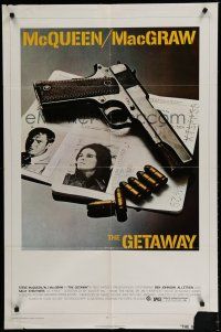 6w285 GETAWAY 1sh '72 Steve McQueen, Ali McGraw, Sam Peckinpah, cool gun image!