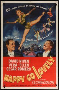 6w317 HAPPY GO LOVELY 1sh '51 art of David Niven, Vera-Ellen & Cesar Romero, musical!