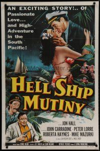 6w325 HELL SHIP MUTINY 1sh '57 Jon Hall kisses tropical bikini babe, John Carradine, Peter Lorre!