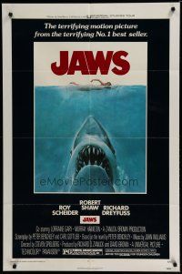 6w380 JAWS 1sh '75 art of Steven Spielberg's classic man-eating shark attacking sexy swimmer!
