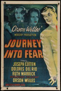 6w386 JOURNEY INTO FEAR 1sh '42 Orson Welles, art of Joseph Cotten, Dolores Del Rio & Warrick!