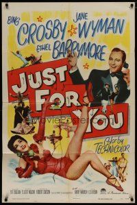 6w390 JUST FOR YOU 1sh '52 Bing Crosby & sexy Jane Wyman on telephone!