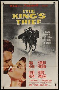 6w406 KING'S THIEF 1sh '55 Ann Blyth romancing Edmund Purdom & art of masked Purdom on horse!