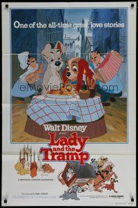 6w413 LADY & THE TRAMP 1sh R80 most romantic spaghetti scene from Disney dog classic!