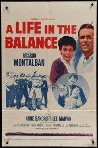 6w427 LIFE IN THE BALANCE 1sh '55 Montalban, Anne Bancroft, Lee Marvin holding up kid!