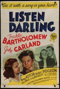 6w433 LISTEN DARLING style D 1sh '38 young Judy Garland, Freddie Bartholomew, Mary Astor, Pidgeon