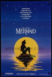 6w435 LITTLE MERMAID teaser DS 1sh '89 Disney, great cartoon image of Ariel in moonlight!