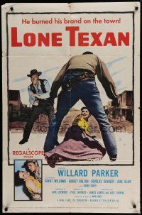 6w440 LONE TEXAN 1sh '59 Texas cowboy Willard Parker saves Audrey Dalton from bad guy!