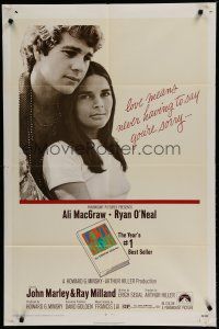 6w452 LOVE STORY 1sh '70 great romantic close up of Ali MacGraw & Ryan O'Neal!