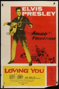 6w455 LOVING YOU 1sh R59 different image of Elvis Presley performing w/guitar!