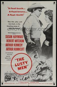 6w459 LUSTY MEN military 1sh R60s art of Robert Mitchum with sexy Susan Hayward & riding on bull!