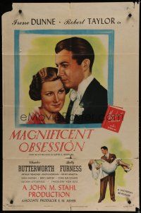 6w462 MAGNIFICENT OBSESSION 1sh R47 great romantic art image of Irene Dunne & Robert Taylor!