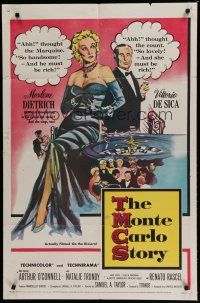 6w494 MONTE CARLO STORY 1sh '57 great artwork of Marlene Dietrich & Vittorio De Sica gambling!