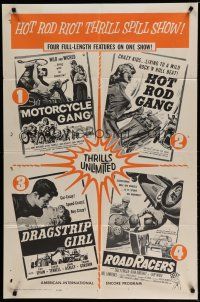 6w498 MOTORCYCLE GANG/HOT ROD GANG/DRAGSTRIP GIRL 1sh '61 teen thrill quad feature!