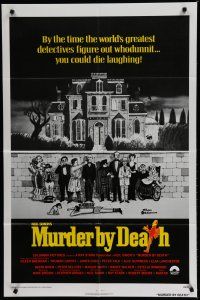 6w501 MURDER BY DEATH int'l 1sh '76 Charles Addams artwork of cast by dead body & spooky house!