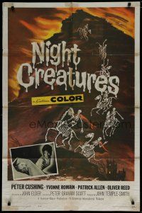 6w515 NIGHT CREATURES 1sh '62 Hammer, great horror art of skeletons riding skeleton horses!