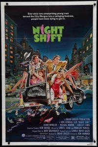 6w523 NIGHT SHIFT 1sh '82 Michael Keaton, Henry Winkler, sexy girls in hearse art by Mike Hobson!