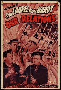 6w560 OUR RELATIONS 1sh R48 great images of Stan Laurel & Oliver Hardy!