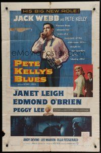 6w583 PETE KELLY'S BLUES 1sh '55 Jack Webb smoking & holding trumpet, sexy Janet Leigh!