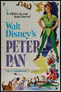 6w584 PETER PAN 1sh R69 Walt Disney animated cartoon fantasy classic, great full-length art!